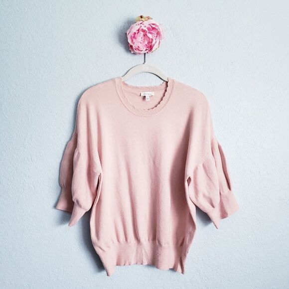 Anthropologie Sweaters - Anthropologie Ella Moss Baby Pink Scalloped Puff Sleeve Sweater